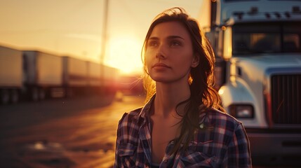 Poster - Portrait of young Caucasian woman. Truck driver on road, sunset backdrop. Happy, attractive lady in