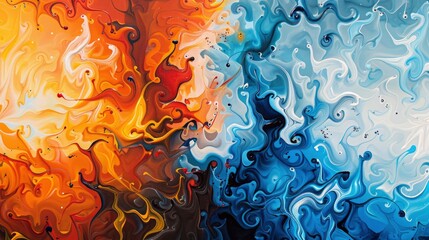 Wall Mural - An abstract representation of fire and ice, with swirling colors representing the heat and cold, in an acrylic painting style