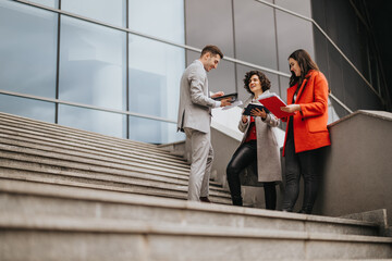 Canvas Print - Three professional business partners engaged in a serious discussion with documents and a tablet on the steps outside an office building.