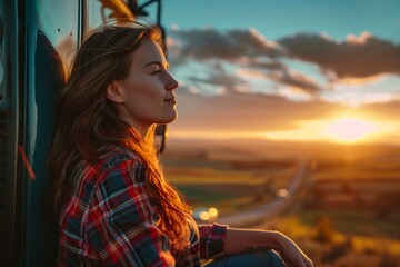 Poster - Young woman enjoying sunset in nature. Summer freedom, outdoor lifestyle. Portrait of adult female