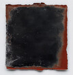 A black square on white paper with a red edge, on each side is a thin layer of gray paint that has been painted over in the style of dark brown paint, the painting was made in oil and has a aged style
