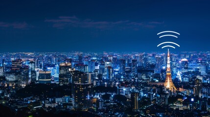 Poster - Modern city with wireless network connection and city scape concept.Wireless network and Connection technology concept with city background at night.