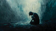 depicts of a man sitting alone, with his head bowed experiencing sadness, deep regret, against a dark background