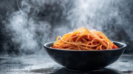 Poster - Pasta, spaghetti with tomato sauce in black bowl. Grey stone background., on dark Background with smoke and steam, view. Selective Focus at the front.hot food