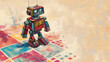 Retro-inspired robot toy with antenna, suspended in air over a colorful, abstract background.