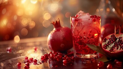 Aufkleber - Ripe red pomegranate. Ripe grains of pomegranate on the table. Pomegranate juice.