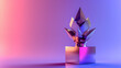 Modern metallic trophy with geometric design on gradient pink and blue background.
