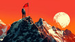 Flag-waving adventurer conquers mountain peak with determination