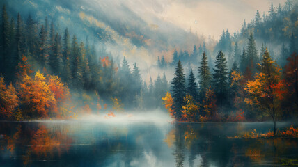 Wall Mural - A painting of a forest with a lake in the background