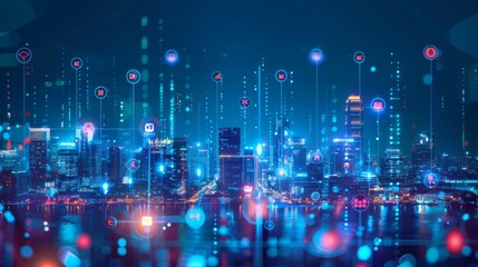 Poster - Smart city, IoT Internet of Things, global network communication, digital technology innovation concept. Cityscape at night with icons, abstract blue technology background
