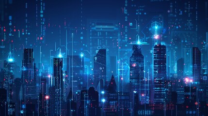 Poster - Smart city, IoT Internet of Things, global network communication, digital technology innovation concept. Cityscape at night with icons, abstract blue technology background