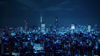 Poster - Smart digital city with connection network reciprocity over the cityscape . Concept of future smart wireless digital city and social media