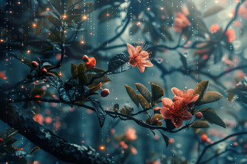 Poster - A digital collage merging images of endemic species with elements of cybernetic networks, blurring the lines between nature and technology,
