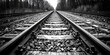 Close up of railway leading lines tracks perspective journey ahead black white sky cloud background
