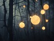 Bring the eerie silence to life with a long shot of luminous ornaments hanging in a dark forest, glowing softly in the moonlight