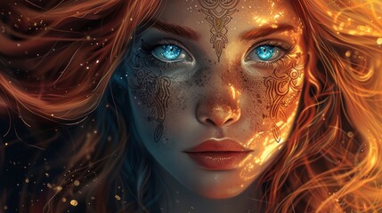 Wall Mural - A beautiful woman with glowing blue eyes, her long and ornate hair has tribal tattoos symmetrically designed on her face