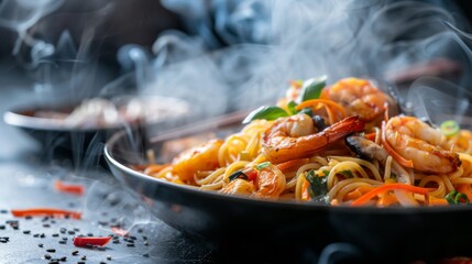 Stir-fried Spicy Spaghetti Seafood Thai Style (Spaghetti Pad Kee Mao) on black Dish,