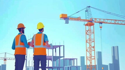 Poster - Structural engineer and architect working with building crane transfer control at the outdoors construction site.