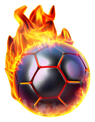 Wall Mural - A soccer ball on fire, surrounded by waving flames, symbolizing the dynamic intensity and energy associated with the sport of soccer or football. 3D illustration