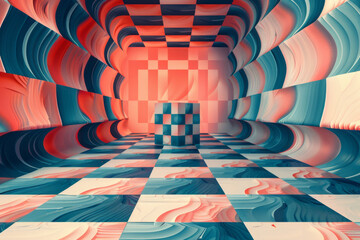 Poster - Design a vector artwork featuring a checkerboard with subtle color gradations that fool the eye into seeing a 3D cube,