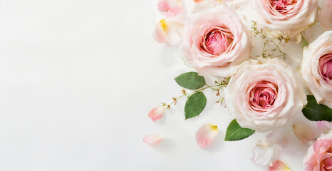 Wall Mural - Beautiful bouquet with white and pink roses and petals, top view. Vintage background with flower bouquet and empty space for text. Generative AI