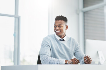 Aufkleber - Business man, smile and thinking with corporate and fintech employee at a startup with confidence. Digital, technology and professional at office desk ready for working on a financial service project