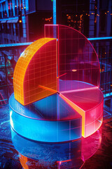 Poster - A multi-layered pie chart representing market share in the tech industry, using neon colors for clarity and impact,