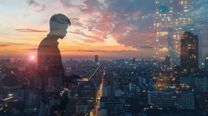 Aufkleber - The double exposure image of the businessman using a laptop computer during sunrise overlay with cityscape image. The concept of modern life, business, city life and internet of things.