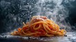 The steam from spaghetti with tomato sauce - homemade healthy italian pasta on dark background
