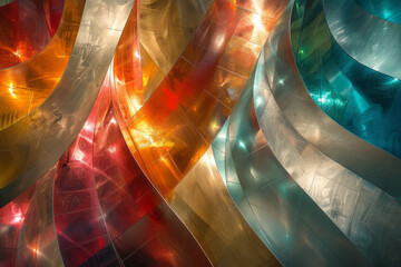 Poster - A modern art piece with metallic stripes that reflect light, morphing their shapes and colors as the perspective changes,