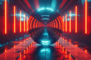 Poster - A futuristic graphic where luminous stripes bend around a virtual sphere, creating a 3D kaleidoscopic effect,