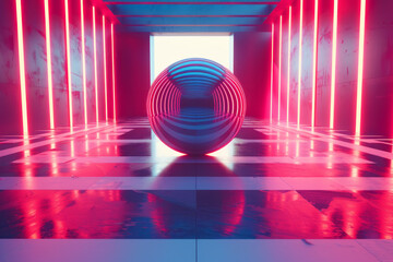 Poster - A futuristic graphic where luminous stripes bend around a virtual sphere, creating a 3D kaleidoscopic effect,