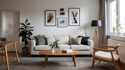 Wall Mural - Round wood coffee table against white sofa. Scandinavian home interior design of modern living room.