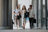 Fototapeta  - Business colleagues in casual attire engaged in conversation while walking in a city environment, symbolizing partnership and collaboration.