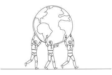 Poster - Single continuous line drawing group of robots working together carry globe. Globalizing artificial intelligence technology. AI based future concept. Development. One line design vector illustration