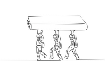 Poster - Continuous one line drawing a group of astronauts work together carrying a book. Interesting story of a space expedition. Memory. Cosmonaut. Outer space. Single line draw design vector illustration
