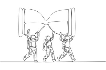 Poster - Continuous one line drawing a group of astronauts work together to carrying an hourglass. Classic. Vintage. A reminder of an impending deadline. Spaceman. Single line draw design vector illustration