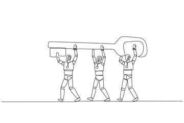 Poster - Continuous one line drawing group of robots work together carrying the key. Artificial intelligence is able to find out the password to open access. Tech. Single line draw design vector illustration