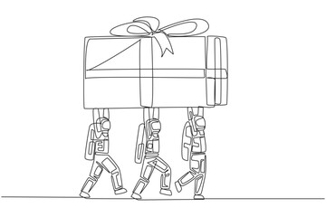 Poster - Single continuous line drawing group of astronauts work together to carrying gift box. A successful space expedition mission. Award. Achievement. Cosmonaut space. One line design vector illustration