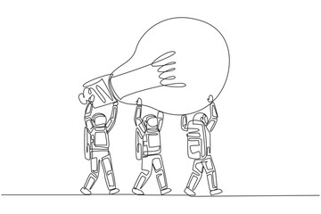 Poster - single one line drawing a group of astronauts work together to carrying a lightbulb. exchange ideas 