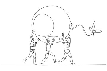 Poster - Single continuous line drawing group of robots work together carrying a big bomb with fuse lit. Hazard detector. Get rid of distractions. Future technology concept. One line design vector illustration