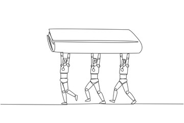 Poster - Single one line drawing a group of robots work together carrying a book. Implementation of artificial intelligence. Adding knowledge to robots. Technology. Continuous line design graphic illustration