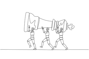 Poster - Continuous one line drawing group of robots work together carrying the king's chess pieces. Artificial intelligence is able to design strategy. Technology. Single line draw design vector illustration