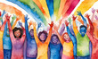Painted Pride parade where diverse LGBTQ+ people are having fun while celebrating Pride month against a rainbow background. Watercolor LGBT community laughing and raising their hands