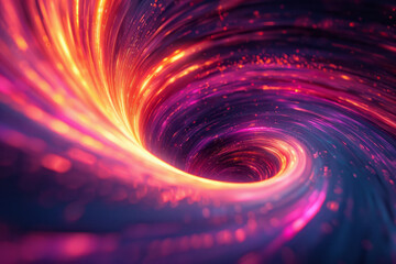 Poster - A dramatic pattern with neon magenta and gold stripes swirling in a vortex on a jet-black background,
