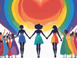 Simple illustration with diverse painted LGBTIQA+ individuals holding hands, celebrating Pride month. LGBT community standing united in fight for rights and acceptance. Pride parade
