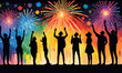 Wallpaper with diverse LGBT people raising their hands and watching rainbow fireworks over the night city during Pride Parade. Silhouette of LGBTIQA+ community celebrating Pride Month and Pride Day