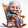 Cute illustration of elderly woman sitting with a kitten on her lap