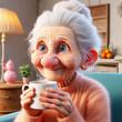 Cute illustration of elderly woman drinking a coffee in the kitchen