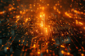 Poster - A close-up view of a circuit board, with paths of data illustrated as streams of light moving through a maze of electronic components,